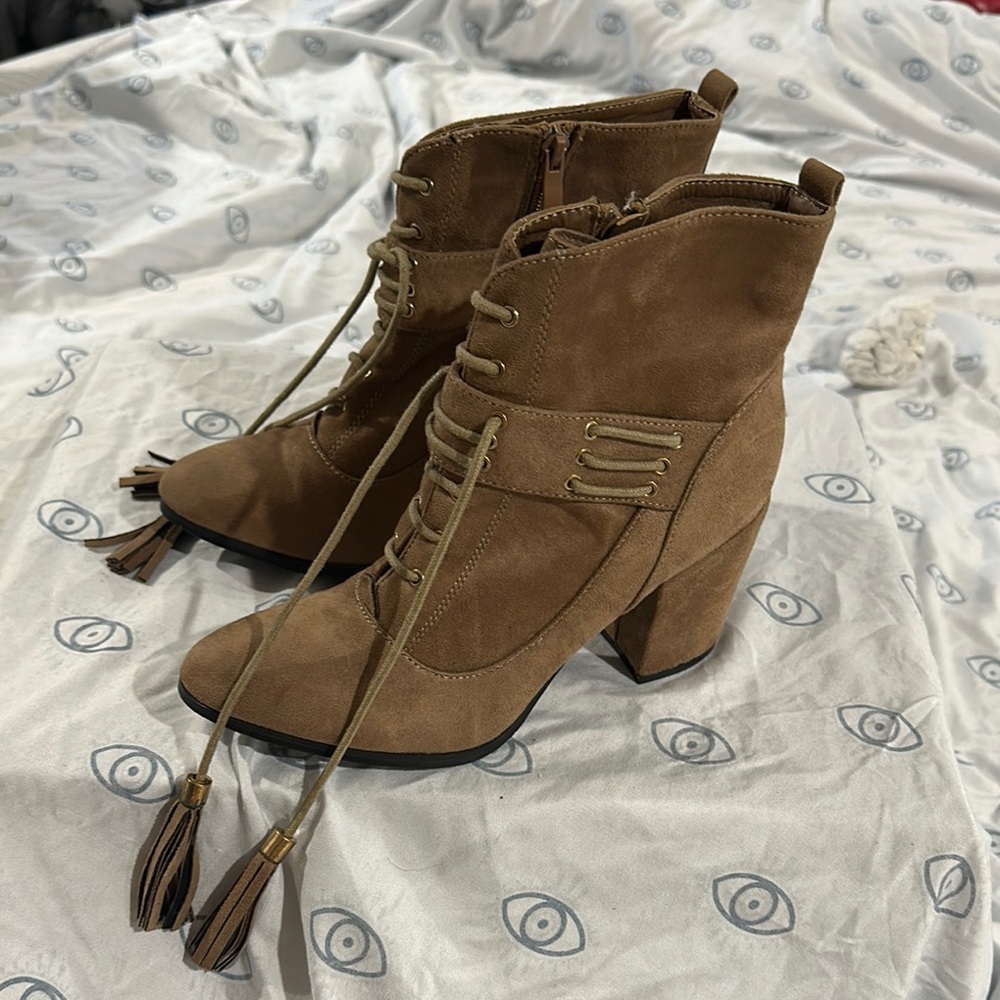 Brown Suede Lace Up Boots with Fringe
